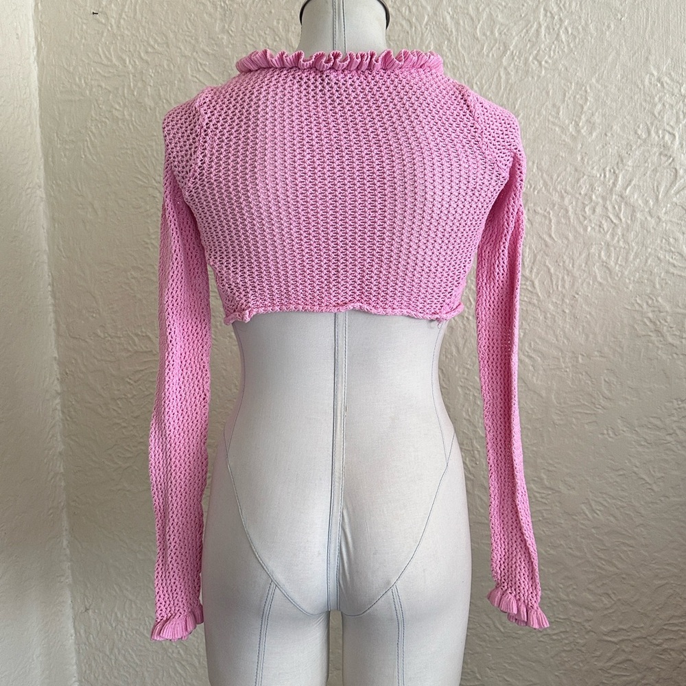 Urban Outfitters Lily Open Knit Flyaway Cardigan Pink Cropped Shrug Sweater S - Picture 6 of 10